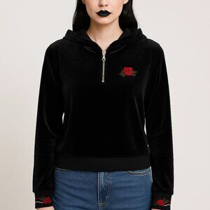 J-Stino Black Velour Hoodie M Rose Embroidery Gothcore Whimsigoth Dark Academia